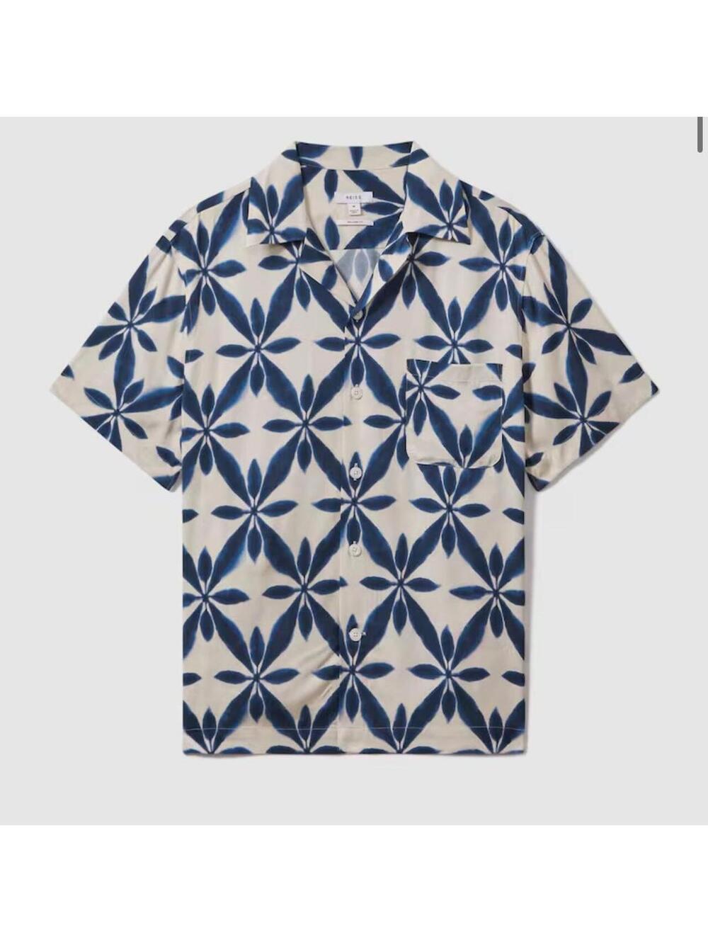 Men's Reiss navy geometric patterned button down collared short sleeve men's XL
